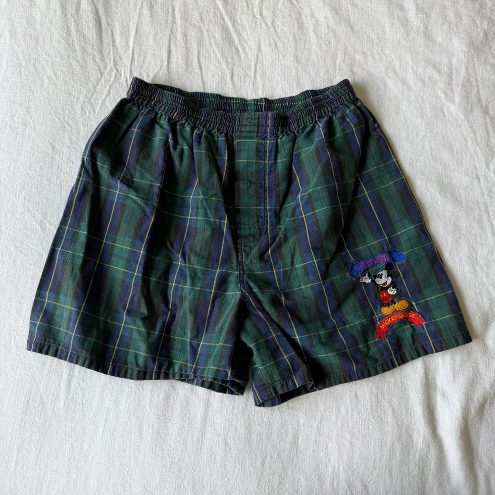 Disney Store Mens Mickey Mouse Plaid Boxer Shorts Green Blue Woven Cotton Small